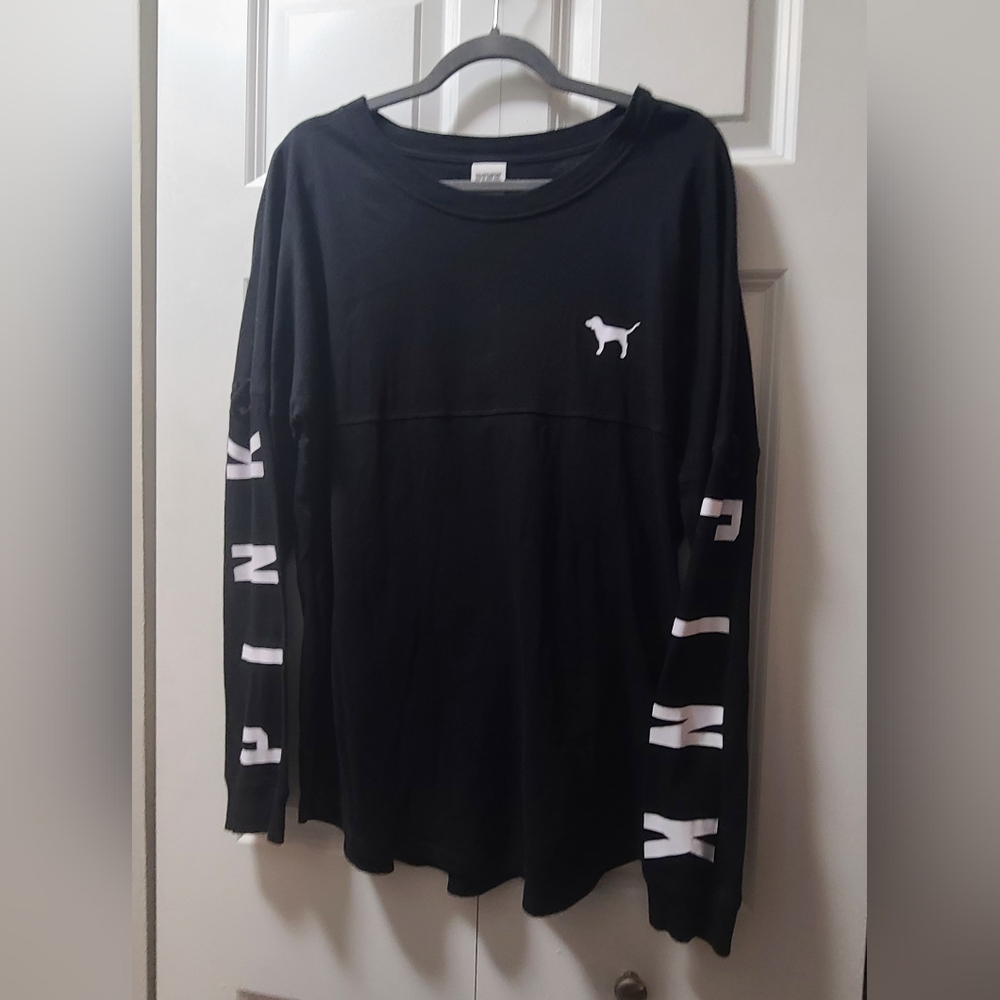 PINK Victoria's Secret Black Logo Long Sleeve Shirt - With Logos- LARGE